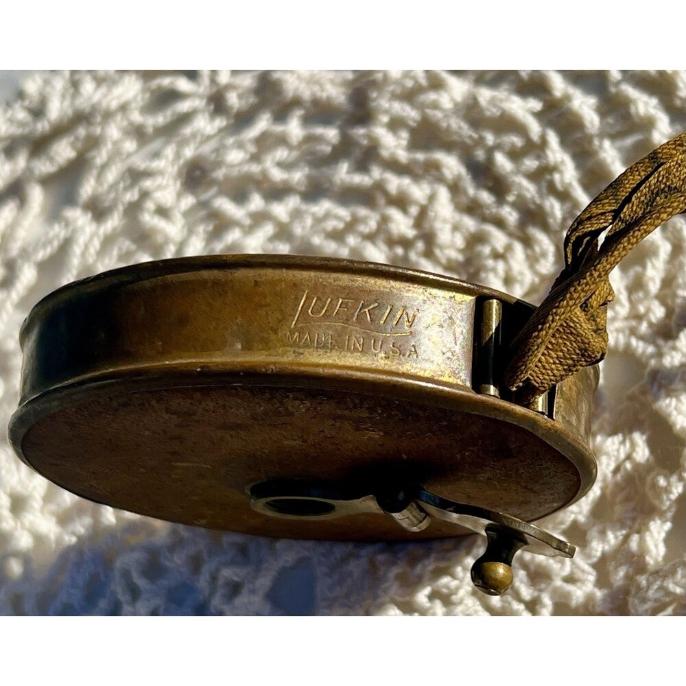 Antique 1910-20 Lufkin 50 Ft Solid Brass Winding Cloth Tape Measure Made USA